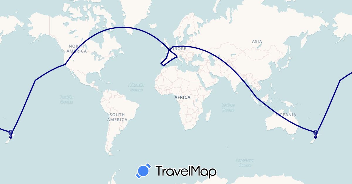 TravelMap itinerary: driving in Belgium, Spain, France, Italy, Netherlands, New Zealand, Portugal, Singapore, United States (Asia, Europe, North America, Oceania)